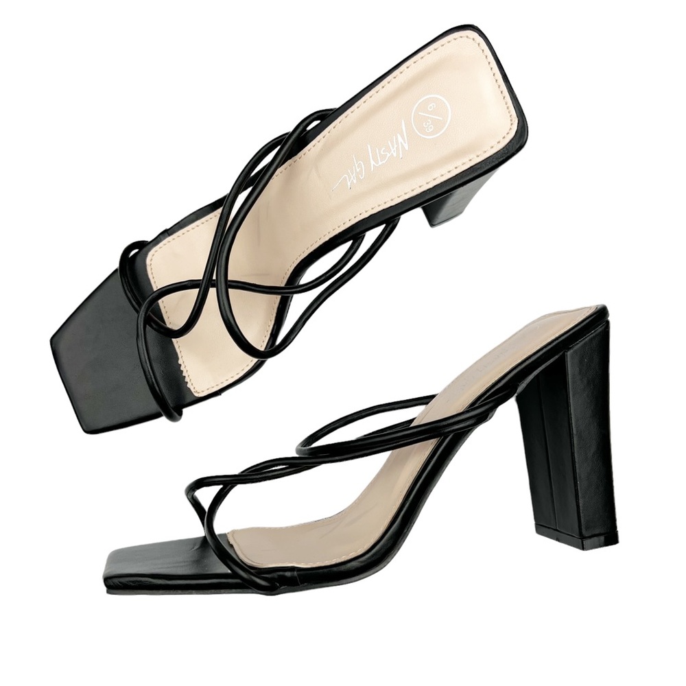 Nasty Gal black strappy square toe heel sandals size 8